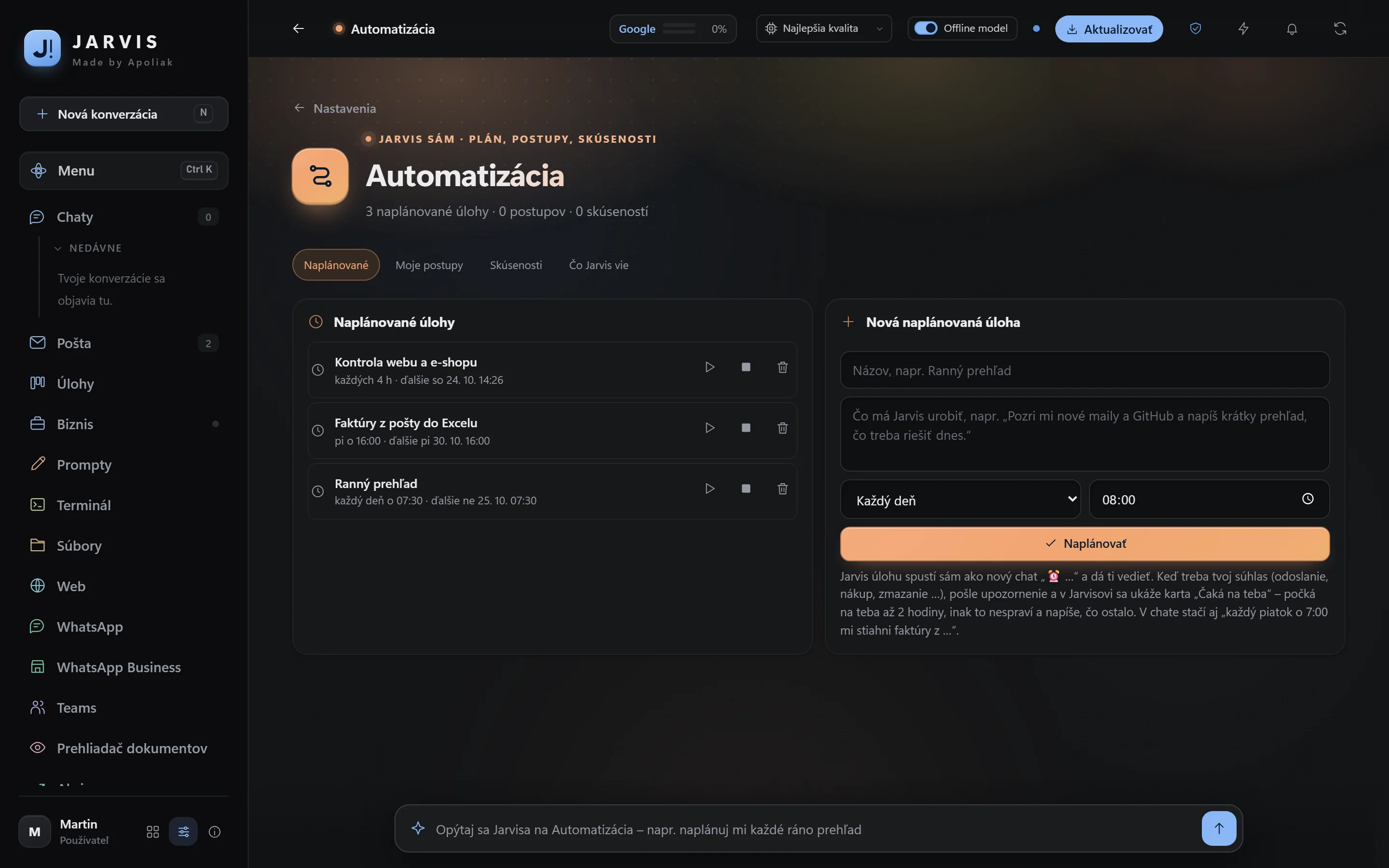 Automatizácia v Jarvisovi: naplánovaný ranný prehľad, faktúry z pošty do Excelu a kontrola webu