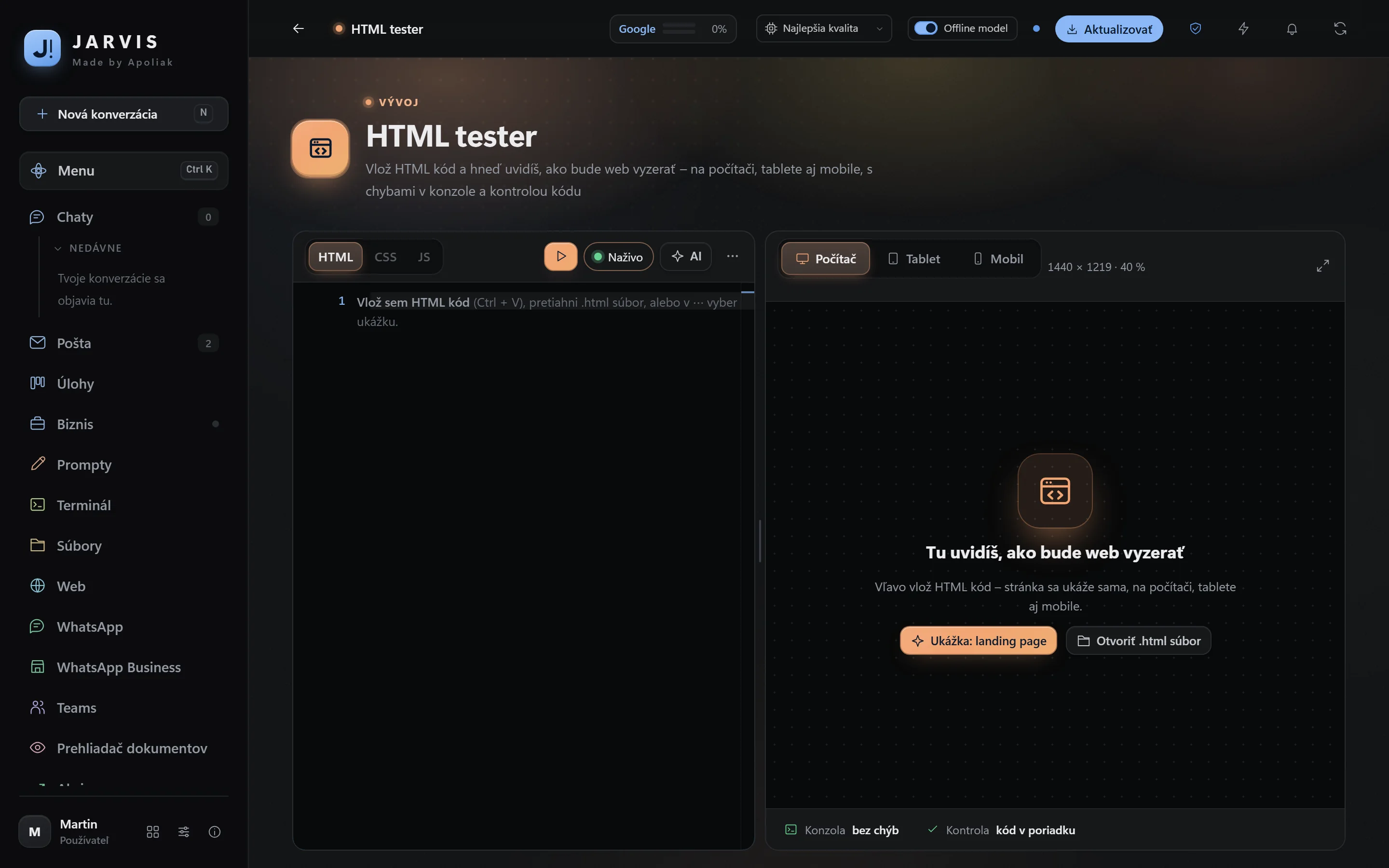 HTML tester v Jarvisovi – web na počítači, tablete aj mobile, chyby na červeno